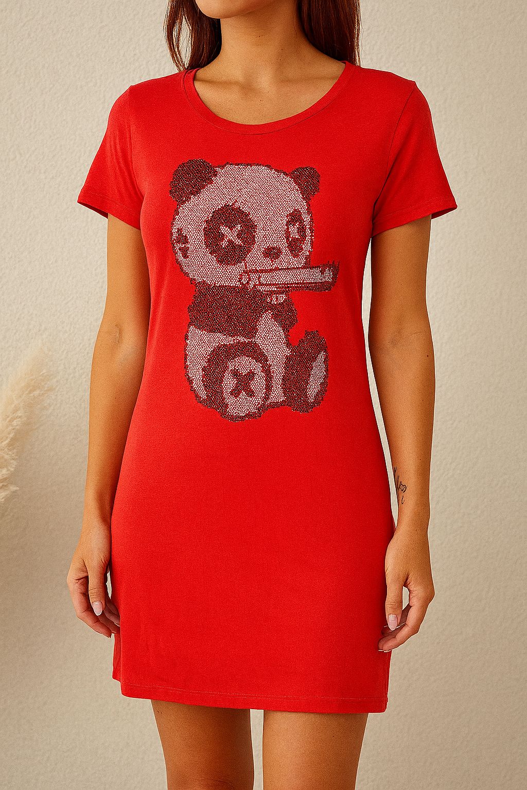 Rochie casual roșie cu imprimeu panda – croială lejeră
