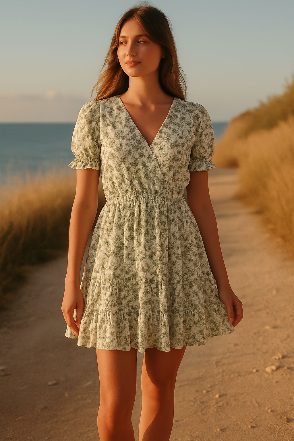 Rochie vaporoasă cu imprimeu floral verde – „Verde de vară”