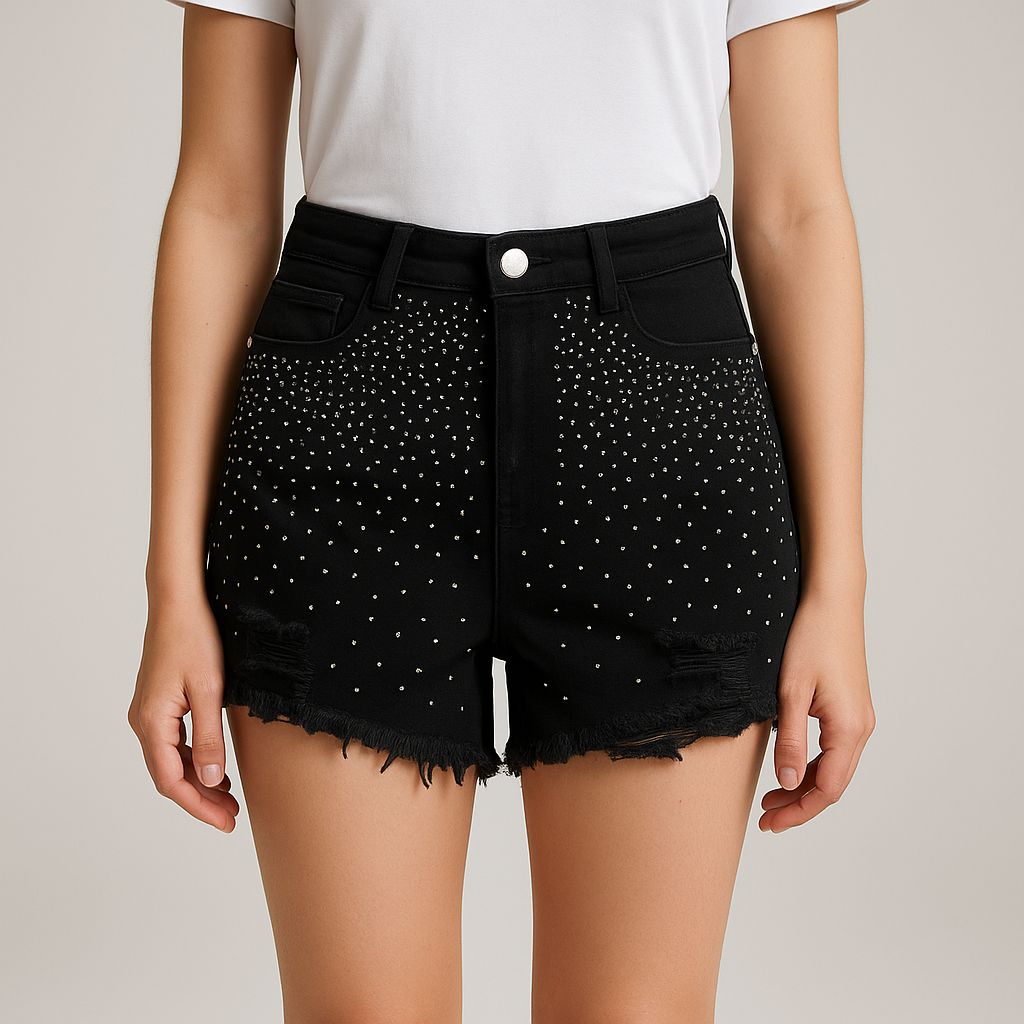 Pantaloni scurți negri din denim cu perle metalice – „Midnight Studs”