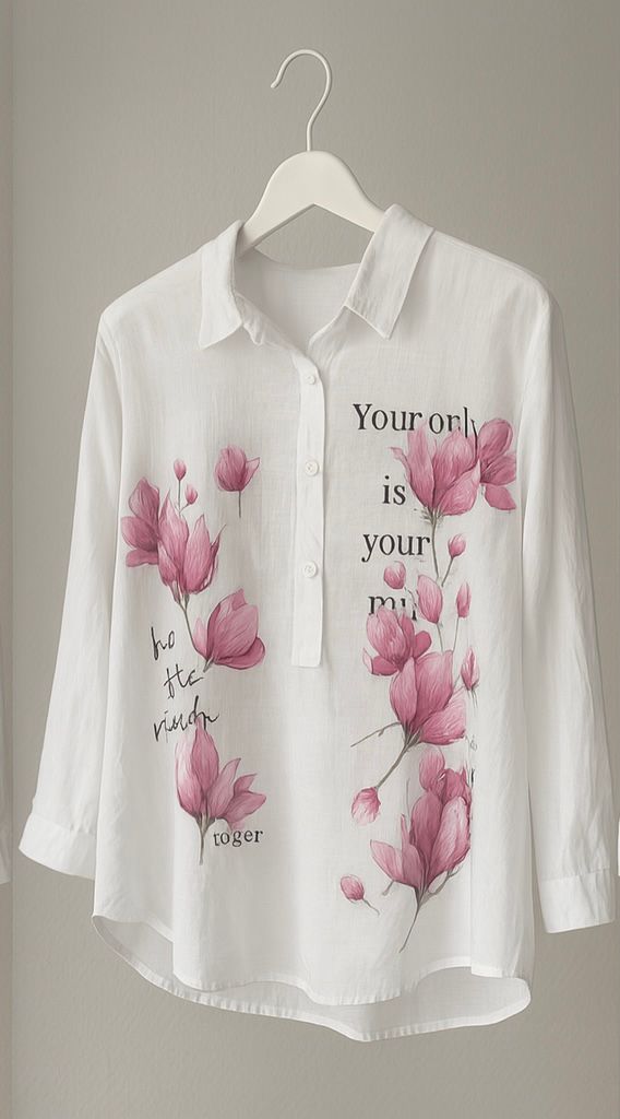 Bluză albă cu flori roz și text decorativ – Spring Bloom