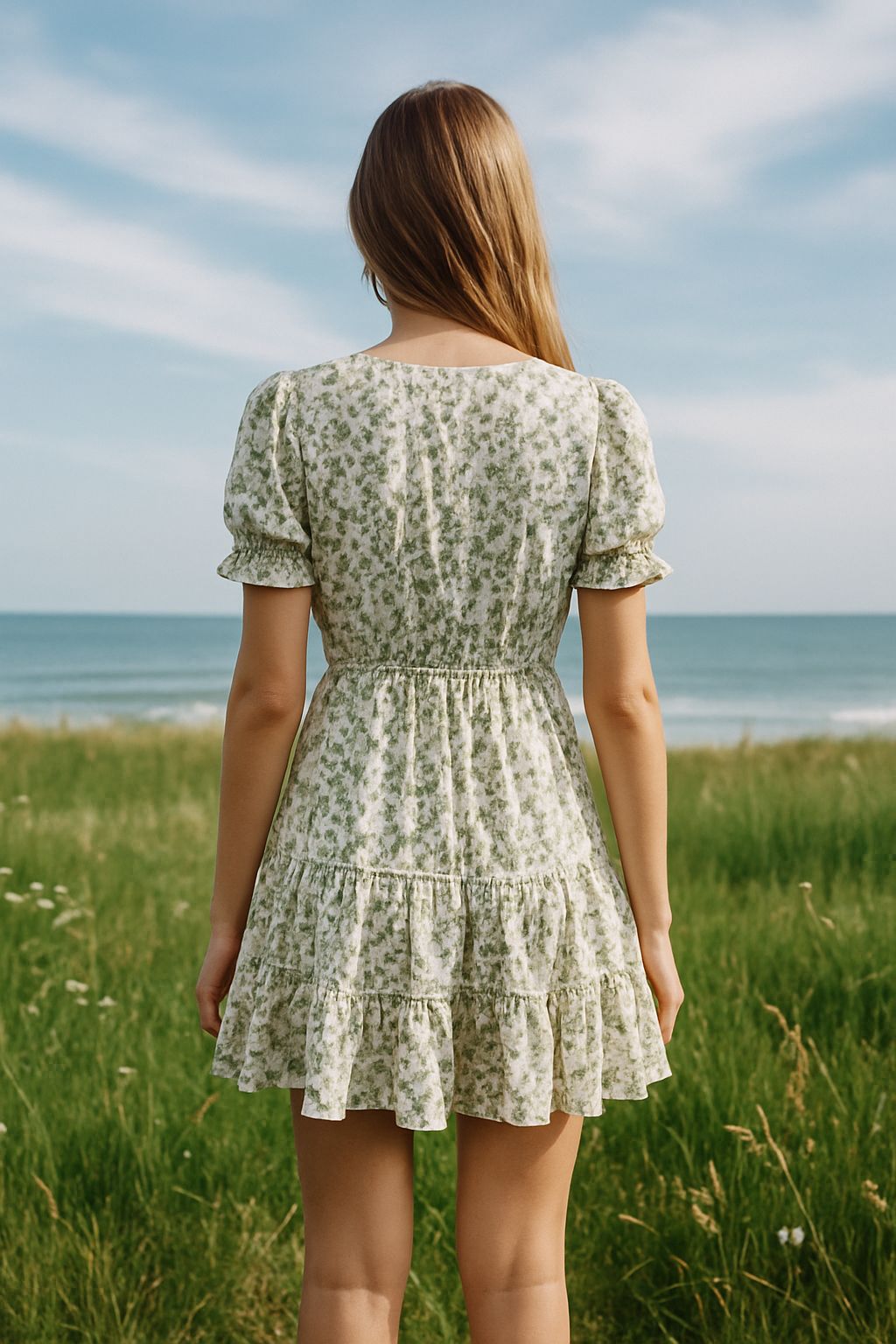 Rochie vaporoasă cu imprimeu floral verde – „Verde de vară”
